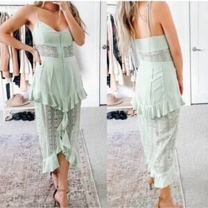 FOR LOVE & LEMONS Mint Green Lovebird Lace Midi Dress Sheer Panel Medium NEW